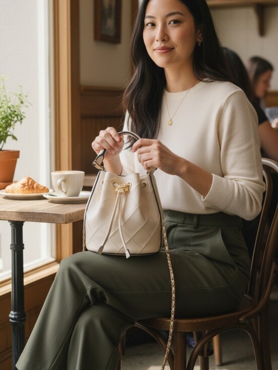 Tory Burch Handbags - Tory Burch Cream Quilted Drawstring Bucket Bag - Gold Hardware